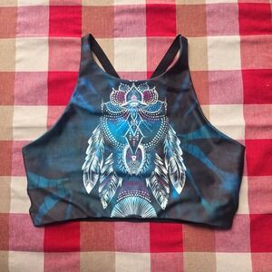Onzie Feather Festival Yoga Top High Neck Graphic Sports Bra Size S/M